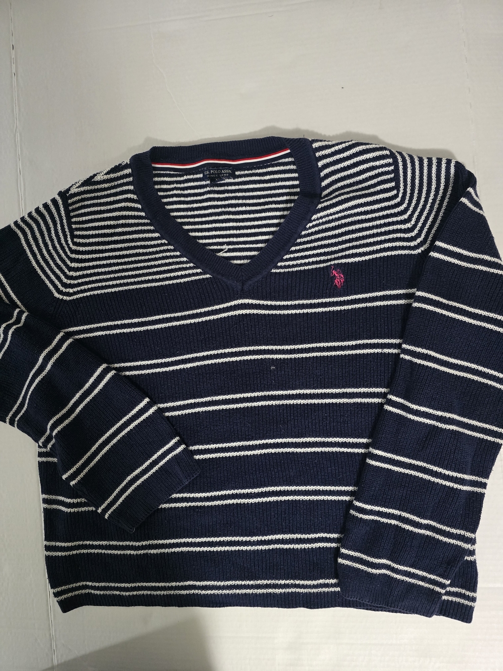 U.S. Polo Assn. Navy and White Striped V-Neck Sweater with Pink Logo
